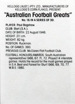 1981 Kellogg's Australian Football Greats #16 Paul Bagshaw Back